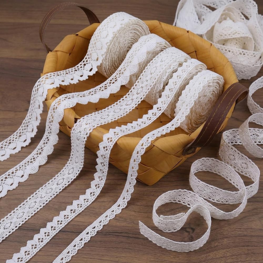 IDONGCAI White Lace Trims for Sewing-Cotton Lace Ribbon by The roll-Craft Lace for Junk Journals Dream Catcher Supplies 30 Yards(5 Yards Each)