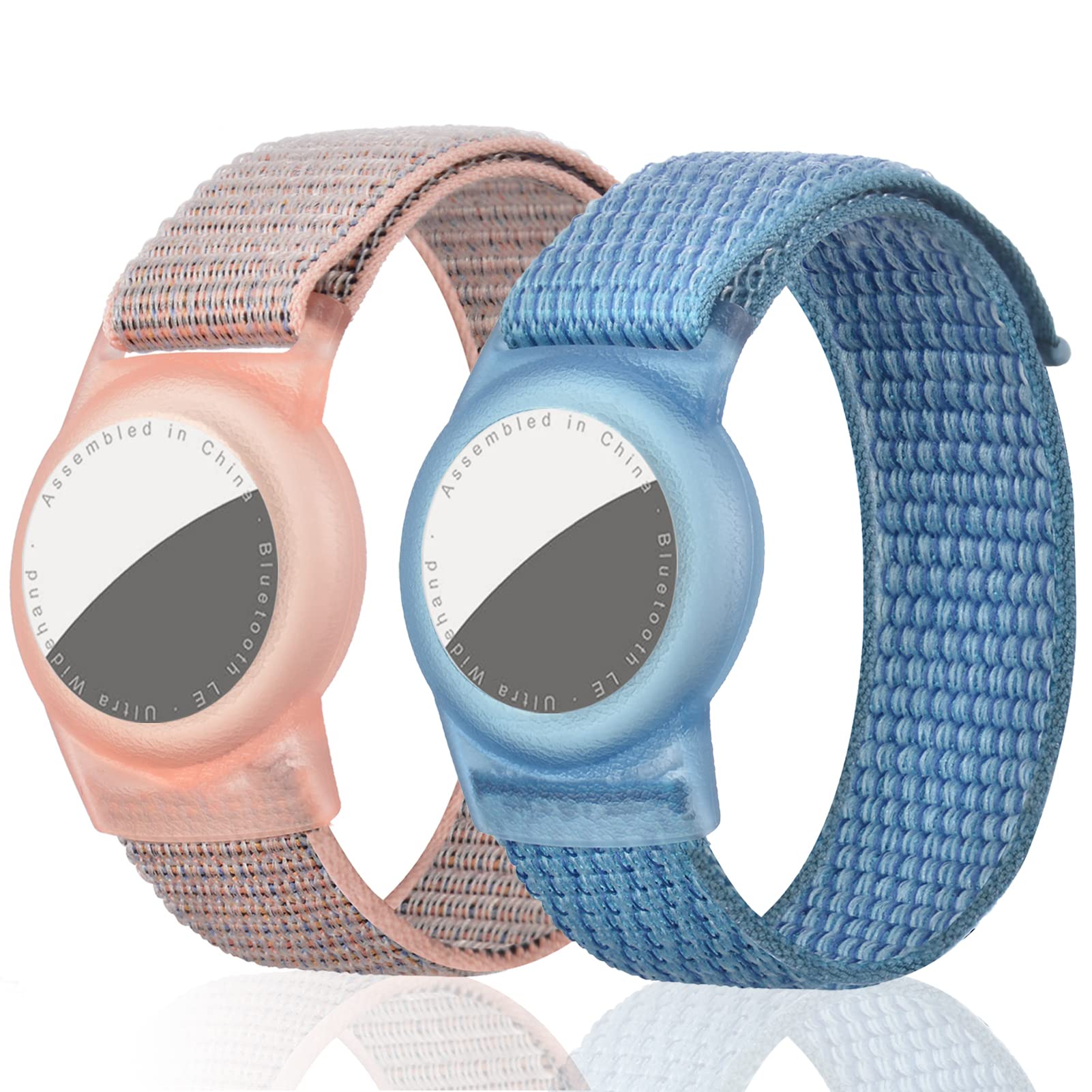 Dingfeiyu 2 Pack Nylon Airtag Wristband for Kids Adult, Adjustable Airtag Waterproof Bracelet Toddler Children Adult Elders, Wristbands Compatible with Airtags (pink + blue)