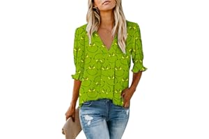 ROSHOP Christmas Blouses Women's Dressy Tops Smocked Sleeve Deep V Neck Snowflakes Costume Blouse