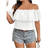 MakeMeChic Women's Off The Shoulder Tops Short Sleeve Loose Lace Summer Top