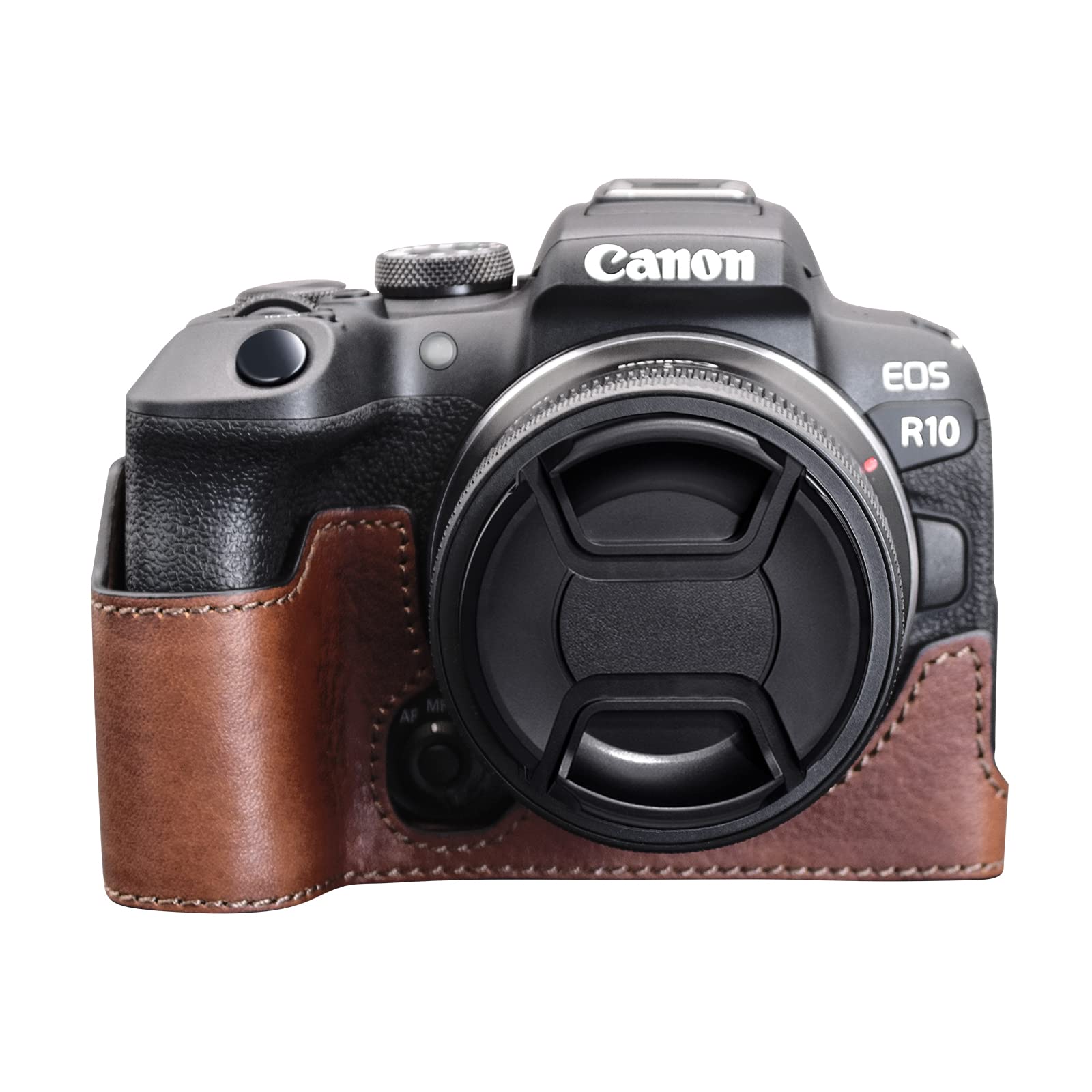 MUZIRI KINOKOO EOS R10 Protective Case Compatible for Canon EOS R10 Mirrorless Camera - Genuine Leather Half Bottom Case with Hand Grip Design - Brown