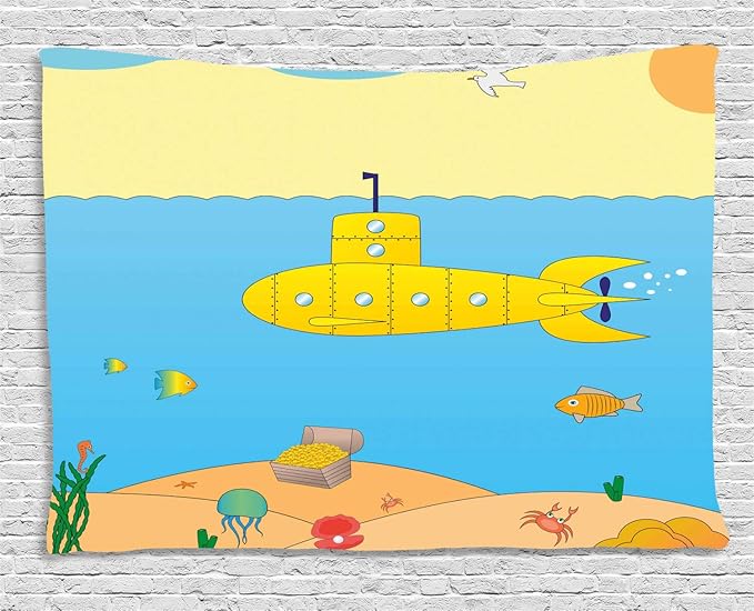ABAKUHAUS Gelbes U-Boot Wandteppich, Meeresbewohner, Wohnzimmer