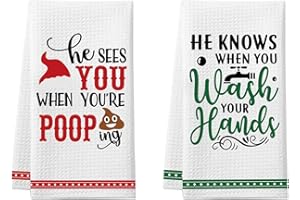 CHEROLOVEN Funny Christmas Kitchen Towels, 2 Pack Holiday Collection Dish Towels, He Sees You When You're Pooping Hand Towel, Novelty Xmas Kitchen Bathroom Decorations, White Elephant Gag Gifts Stocking Stuffers