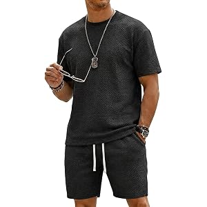 Men Short Sets Outfits Casual Textured 2 Piece Crew Neck T-Shirt Drawstring Shorts Sets Tracksuit Suits with Pockets