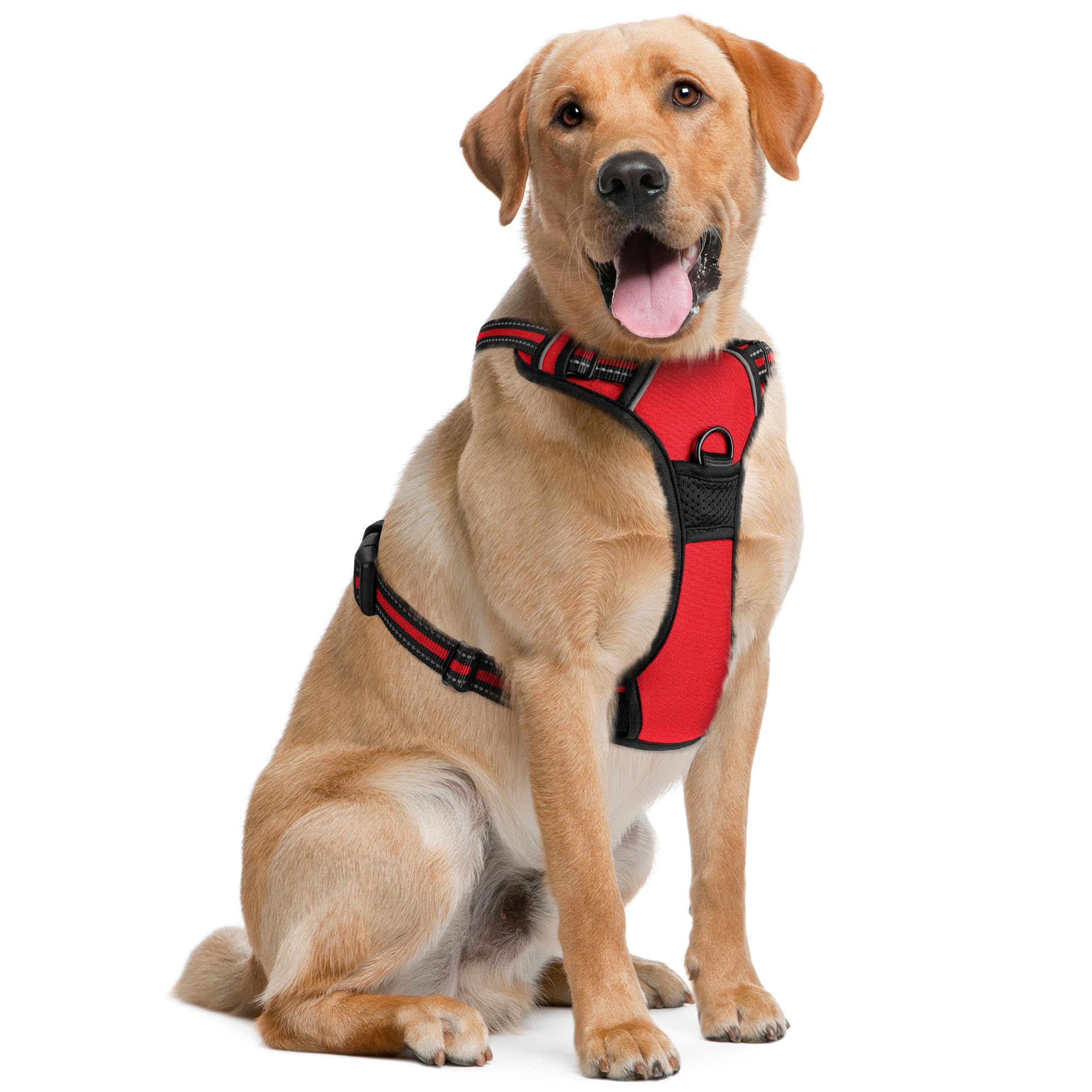 Dog Harness for Large Dogs - Large, Red - Soft Padded & Adjustable No Pull Design Pet Harness for Running, Hiking & Training - with 2 Leash Clips + Reflective Strips - by EcoEarth