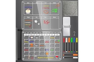 Vansdon Acrylic Magnetic Calendar for Fridge, 2 Pack 12"x16" Clear Fridge Calendar Dry Erase Magnetic Planning Boards Set Includes 8 Colorful Highlight Markers, Magnetic Pen Holder and Erase Towel