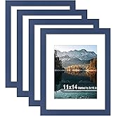 SZYUU 11x14 Picture Frame Set of 4, High Definition Real Glass, Display Pictures 8x10 with Mat or 11x14 Without Mat, Gallery Wall Hanging Photo Frames, Blue