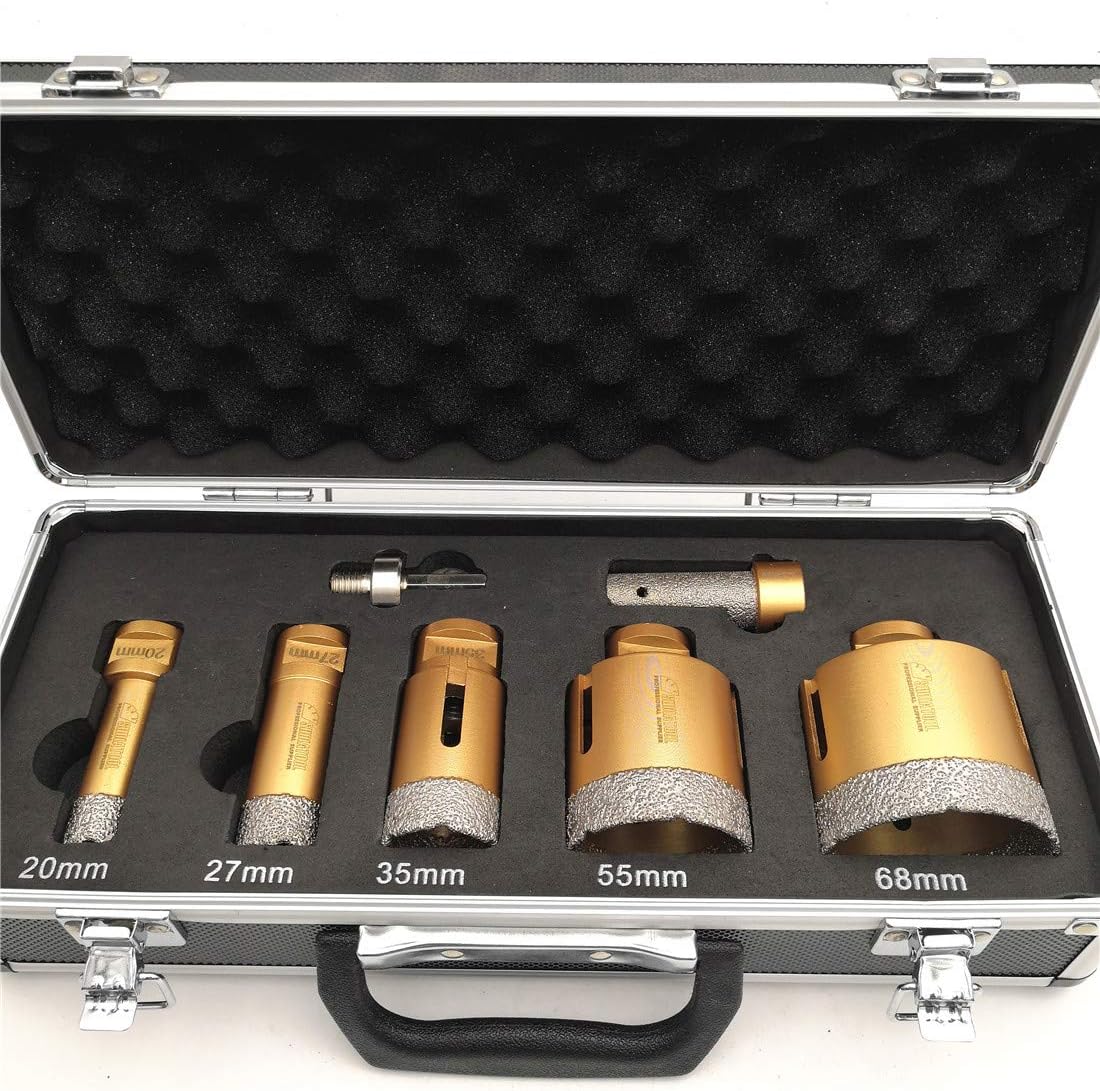 SHDIATOOL Diamond Drill Core Bits Kit with Box 20/27/35/55/68mm and a 20mm Finger Bit an Adapter for Tile Porcelain Granite Marble-Set of 7