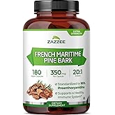 Zazzee Extra Strength French Maritime Pine Bark Extract 20:1, 350 mg Per Capsule, 95% Proanthocyanidins, 180 Vegan Capsules, 6 Month Supply, Certified Kosher, Antioxidant Support, Non-GMO, Made in USA