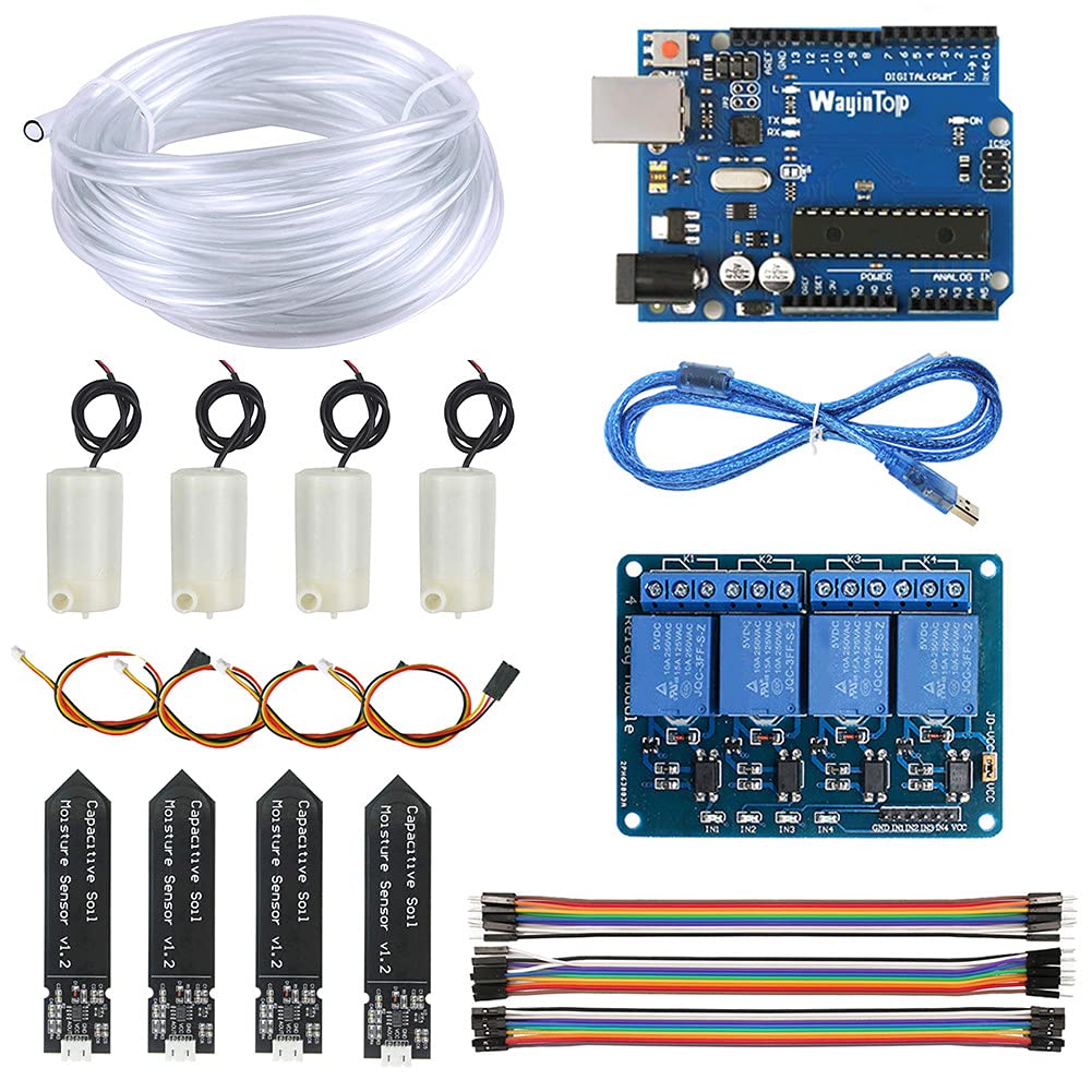 WayinTop Upgrade Automatic Irrigation DIY Kit Self Watering System for Garden Plant, Developmant Board + 4pcs Soil Moisture Sensor + 4 Channel Relay + 4pcs Water Pump + 5M Vinyl Tubing + Jumper Wire