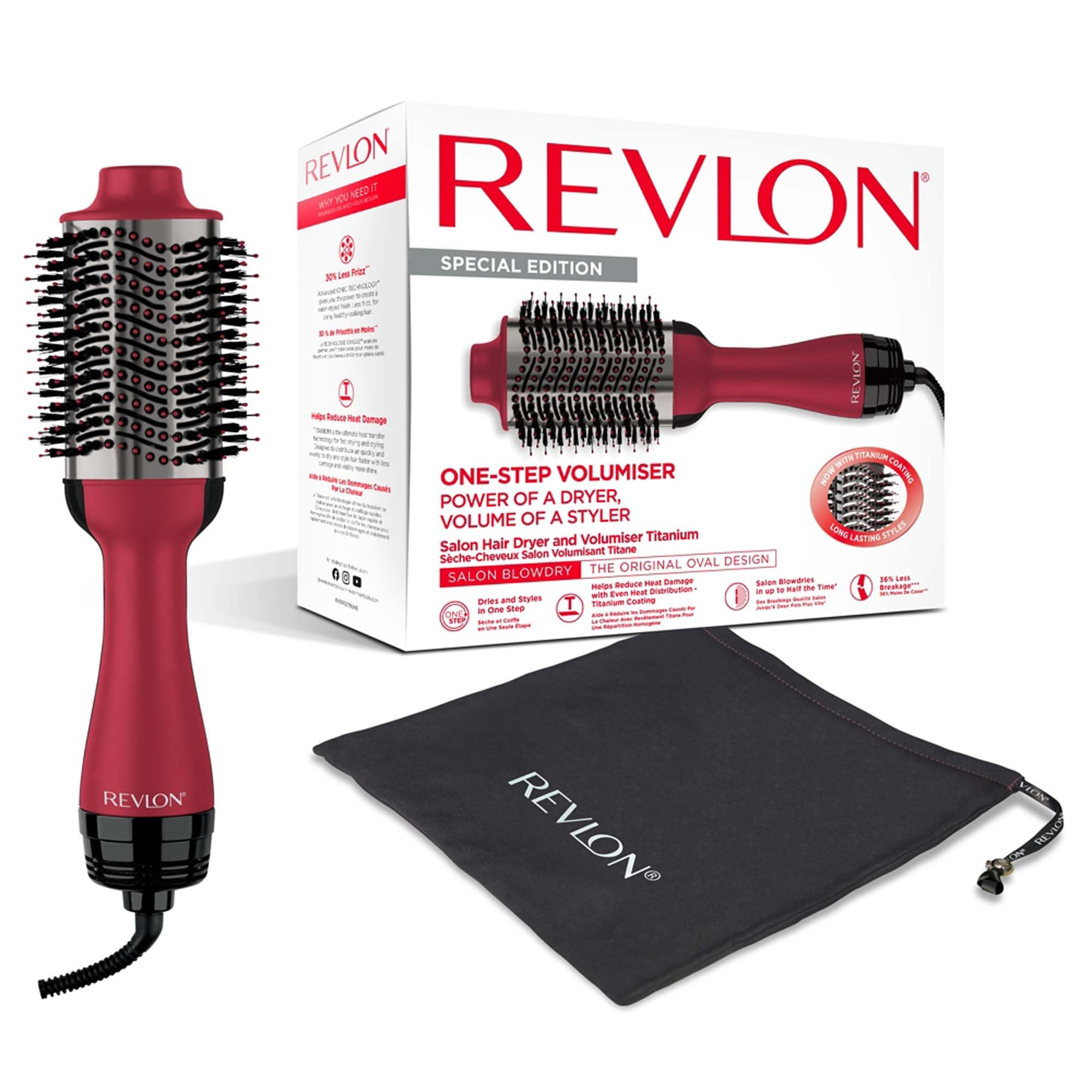 Revlon Hair Tools Salon One-Step Hair Dryer and Volumiser Titanium (One-Step, dry and style, 2-in-1 styling tool, titanium coating, unique oval design, for mid to long hair) RVDR5279UKE Plain Red