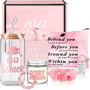 Remerry 9 Pcs 2027 Senior Night Gifts Set Senior Cheer Gift Basket Glass Cup Keychain Cosmetic Bag Bracelet Scented Candle wi