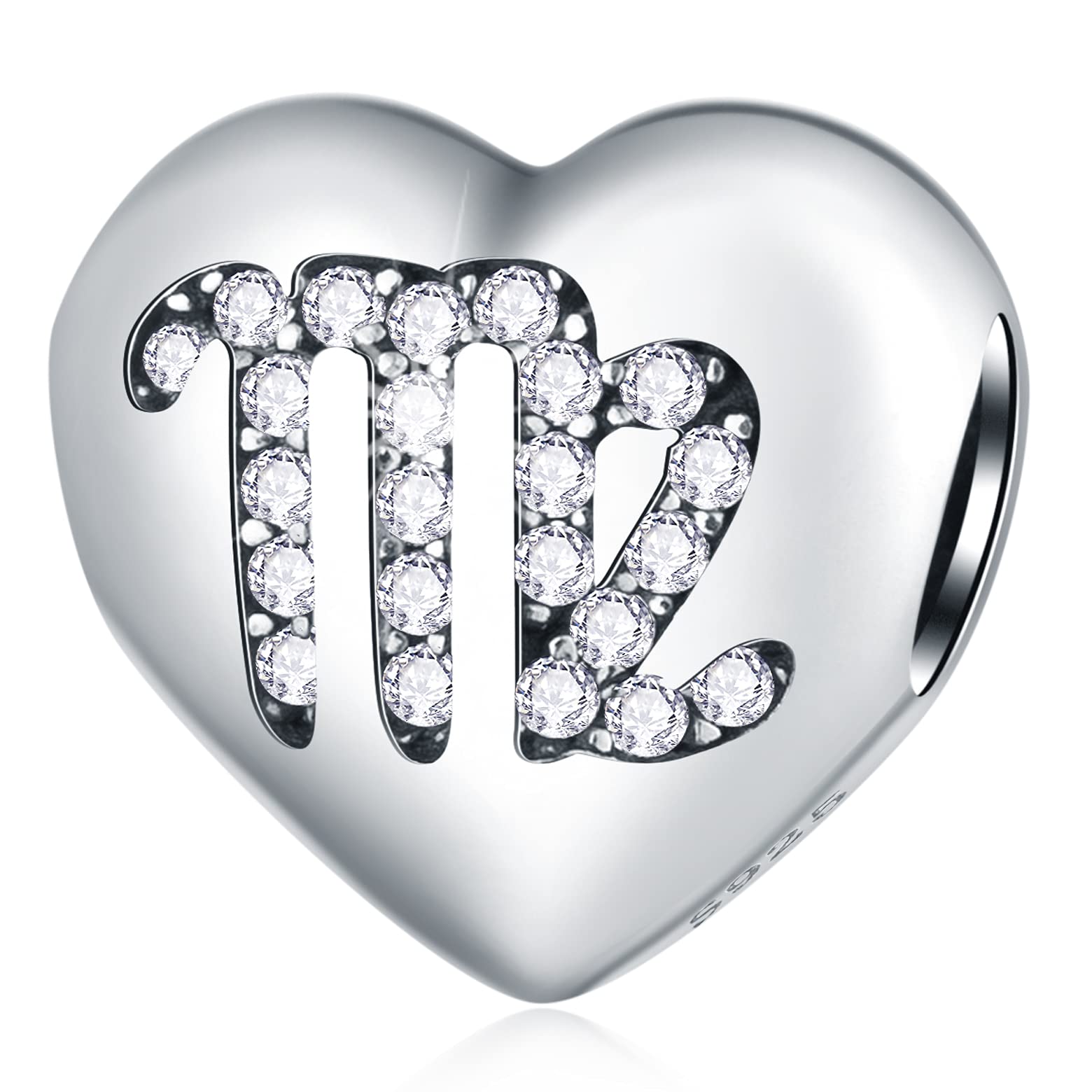 Virgo Zodiac Sign Charms, fits Pandora Birthday Bracelet, 925 Sterling Silver Heart Beads I Love My Constellation/Horoscope with CZ Birthstone, Gifts for Valentines/Family/Women