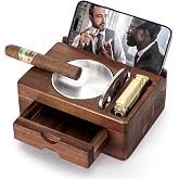 Tesonway Cigar Ashtray, Wooden Cigar Ashtrays with Cigar Cutter, Phone Tablet Holder, Cigar Holder, Accessories Drawer and Lighter Slot, Home Bar Outdoor Ashtray, Great Cigar Accessories Gift for Men
