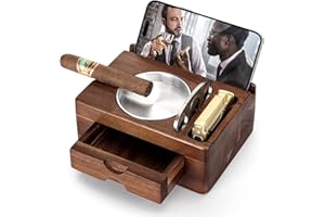 Tesonway Cigar Ashtray, Wooden Cigar Ashtrays with Cigar Cutter, Phone Tablet Holder, Cigar Holder, Accessories Drawer and Lighter Slot, Home Bar Outdoor Ashtray, Great Cigar Accessories Gift for Men