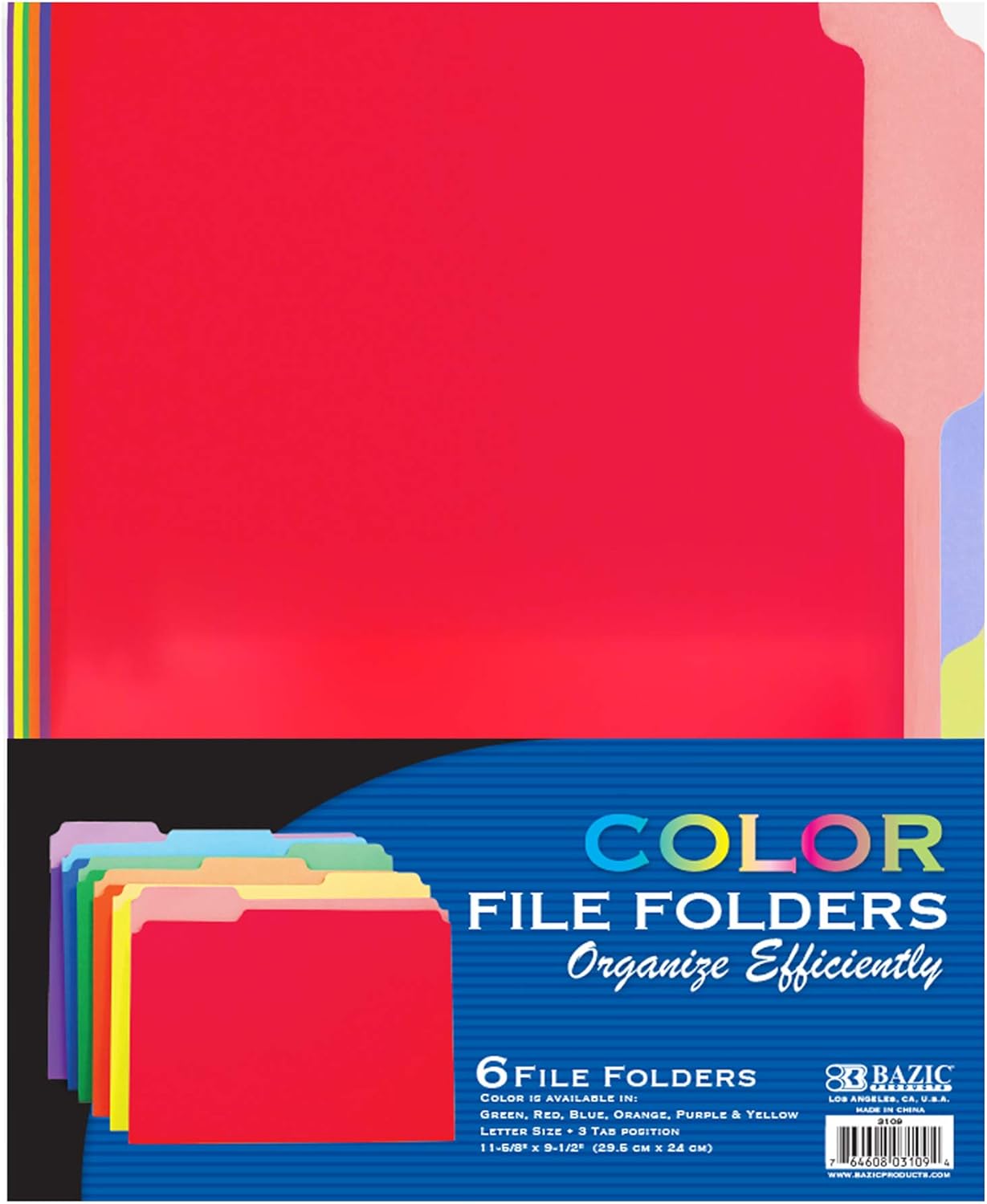 BAZIC 1/3 Cut Letter Size Manila File Assorted Color Folder, Tabs Left Right Center Positions Holders, Easy Organize Storage Files Document, Office Home Teacher Business (6/Pack), 1-Pack : Office Products