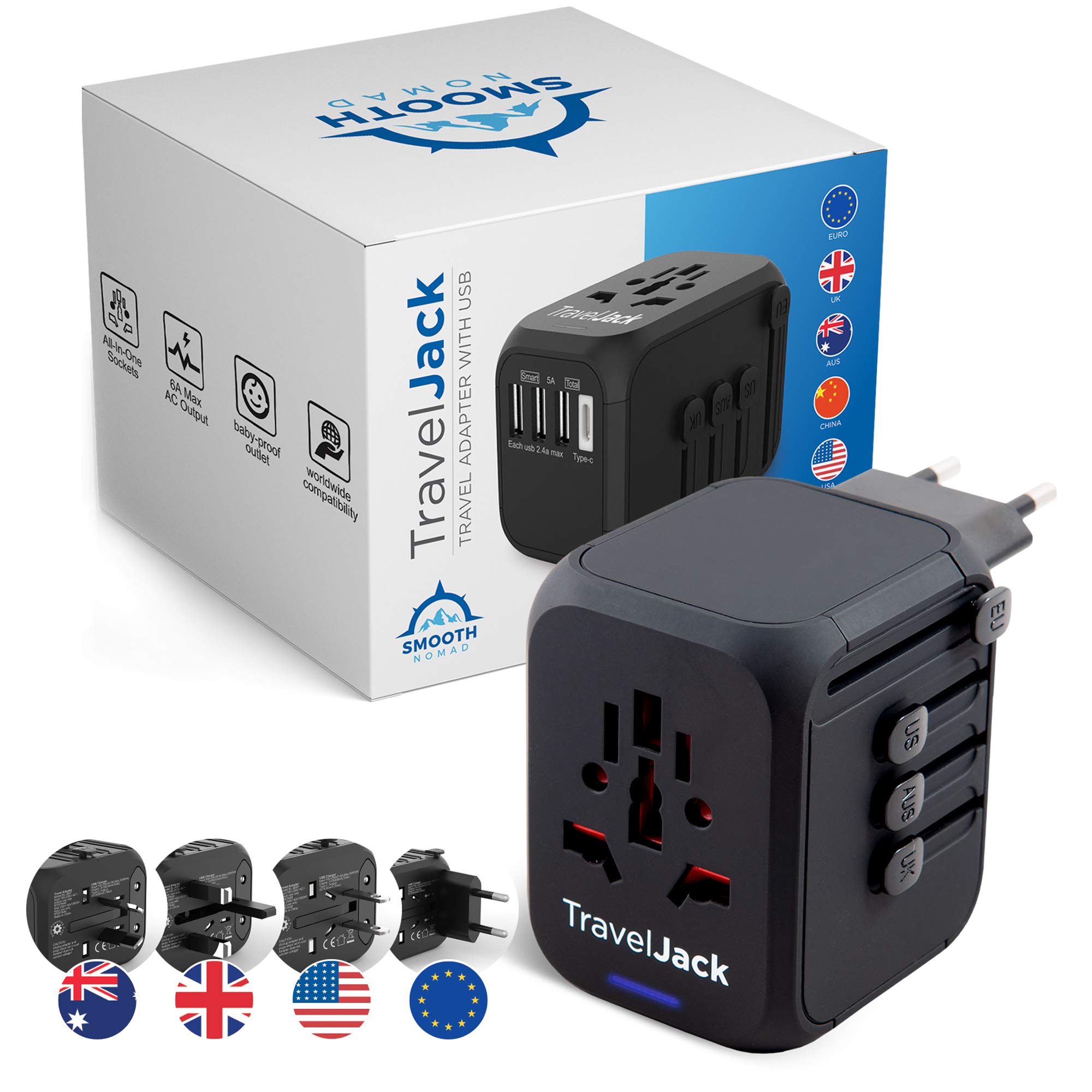 International Travel Adapter - Smart Plug Socket Converter for Europe, Asia, Africa, America - World Travel Adapter with USB, Type-C Wall Outlet Charger - Plug and Lock, Safety Surge Protection