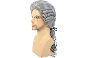 morvally Mens Colonial Judge Wig and Glasses 18th Century Washington Costume White Powered Hair Wig for Men Halloween Costume Cosplay (Gray)