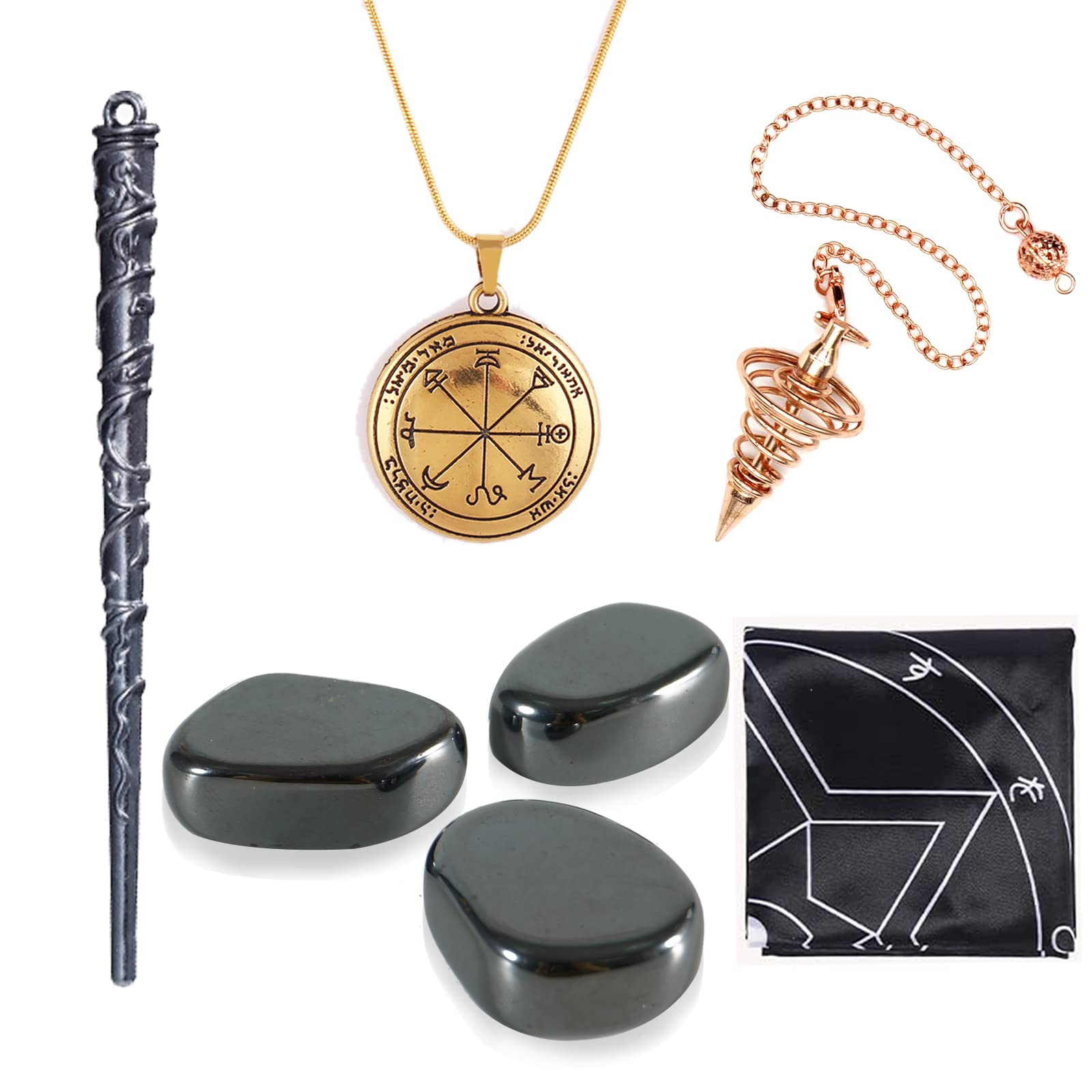 Soulnioi Essential Set for Divination, Includes 1pc Magical Scepter, 1pc Solomon's Angel Guardian Magic Necklace, 1pc Metal and Copper Plated Pendulum, 1pc Hexagram Tarot, 3pcs Hematite