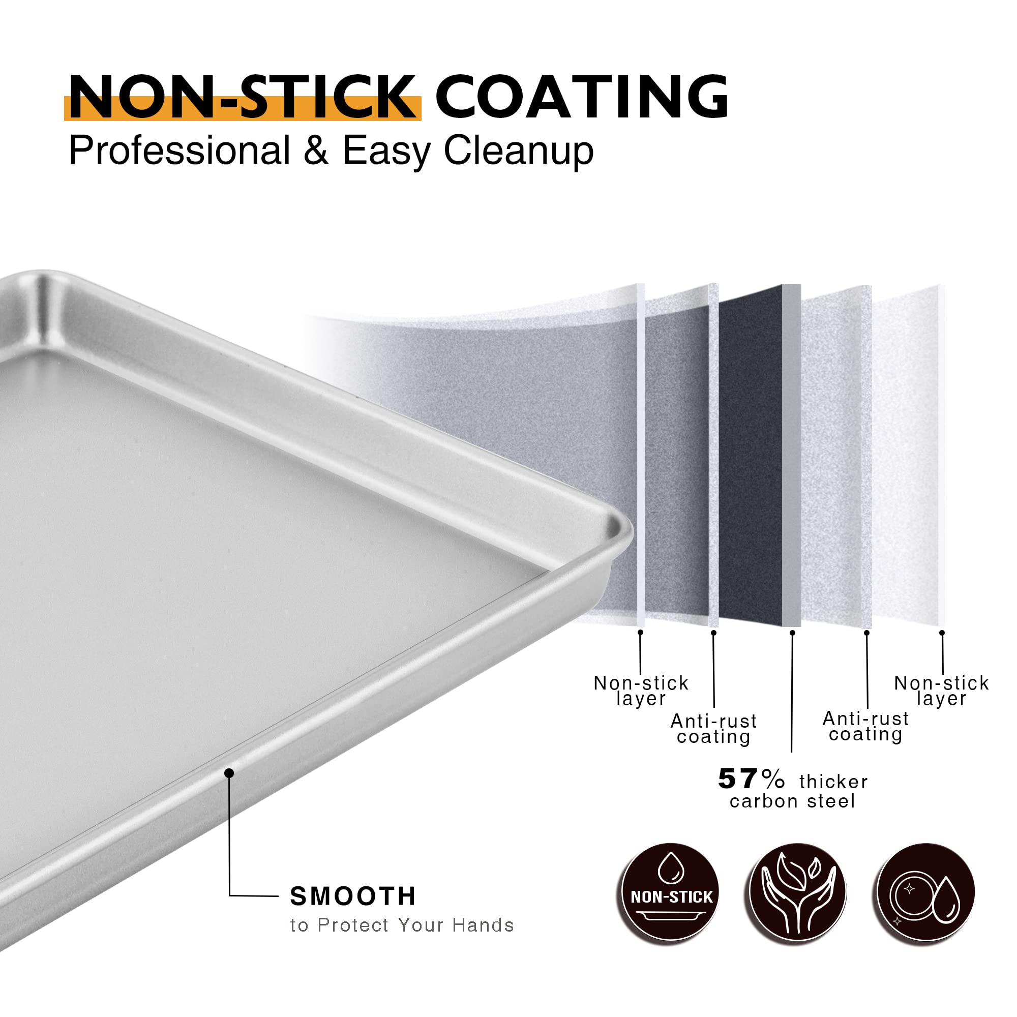 HONGBAKE Half Baking Sheet Pan Set of 2, Nonstick Cookie Sheet for Oven, Heavy Duty 1/2 Commercial Cookie Trays, Dishwasher Safe - Silver