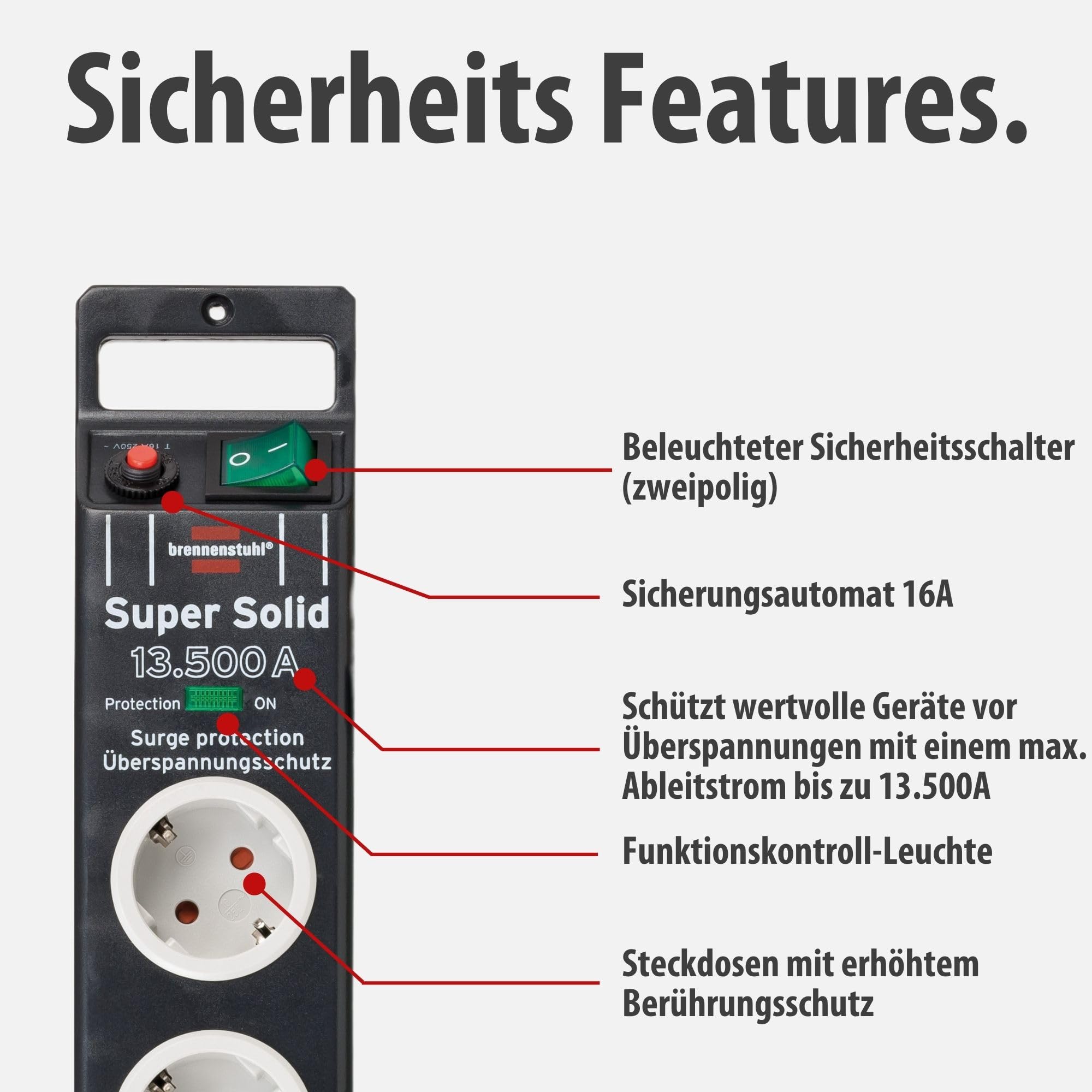 Brennenstuhl Super-Solid Steckdosenleiste 8-Fach mit Überspannungsschutz (Steckerleiste mit 2,5m Kabel und Schalter, Mehrfachsteckdose aus bruchfestem Polycarbonat) schwarz/grau 3