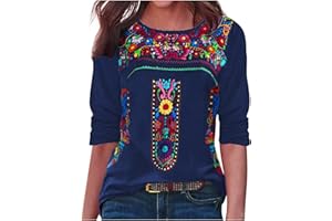 LMDUDAN Mexican Embroidered Shirt for Women Summer Short Sleeve Ethnic Style Tops Boho Floral Print Dressy Blouse Loose Tunic