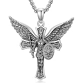 VNRIOW St Michael Pendant Necklace Oxidized 925 Sterling Silver Archangel Saint Michael Cross Necklace Large St Michael Amulet Jewelry Gifts for Men 22-24 Inches Chain