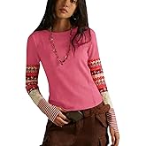 calbatic Women Waffle Knit Floral Cuffs Long Sleeve T Shirt Crew Neck Loose Fit Top Casual Fall Tee Top