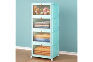 WISE OANNES 4 Tier Stackable Plastic Storage Bins with Lid and Wheels - 23 QT Closet Organizers and Storage, Foldable Storage Containers, Organization and Storage Boxes for Craft, Home, Pantry, Dorm,Green