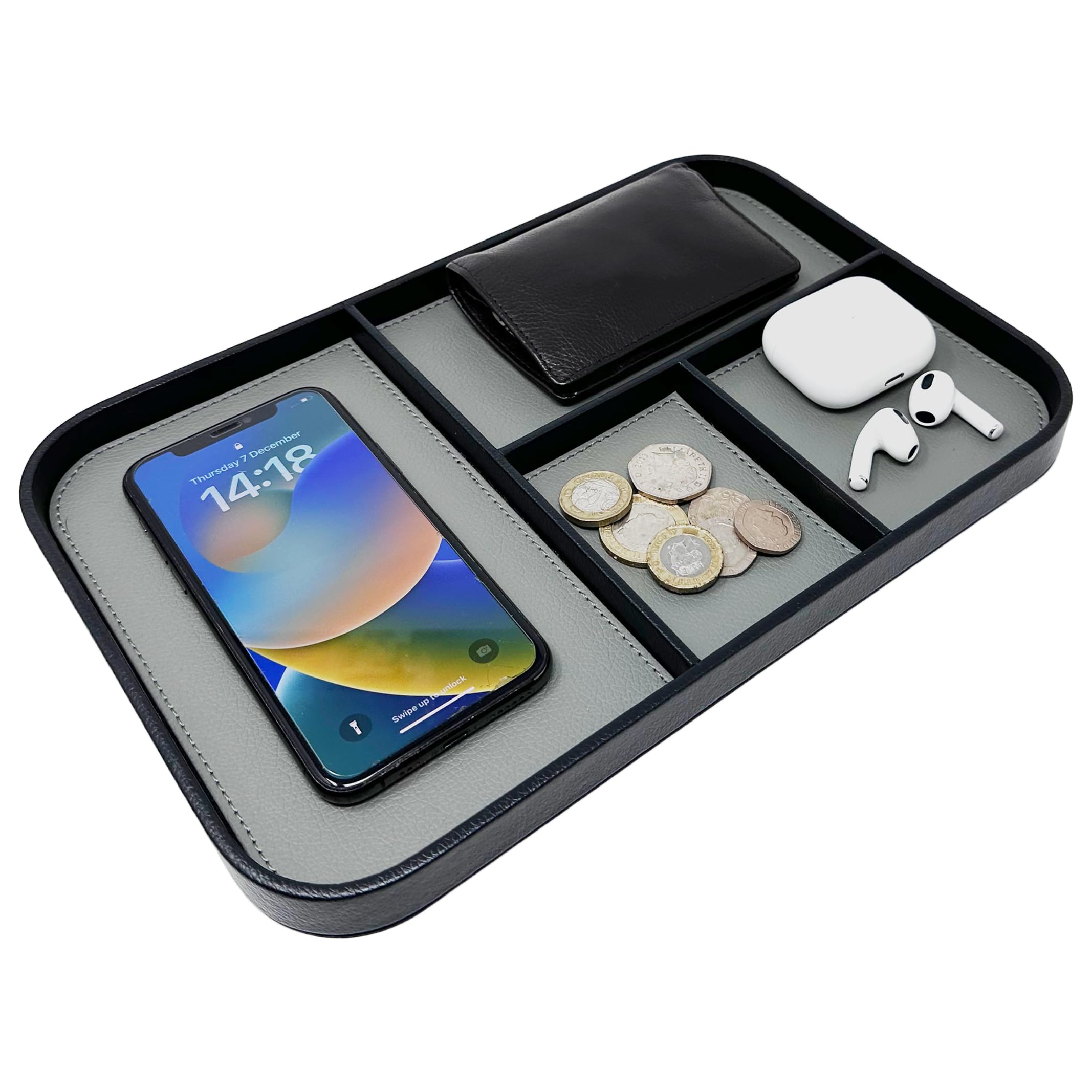 Super and Social – Valet Tray | Premium Vegan Leather | Stylish & Organised Nightstand Tray/Bedside Table Caddy for Men | Desk Organiser | Storage for Phone, Watches, Money, Jewellery & Keys