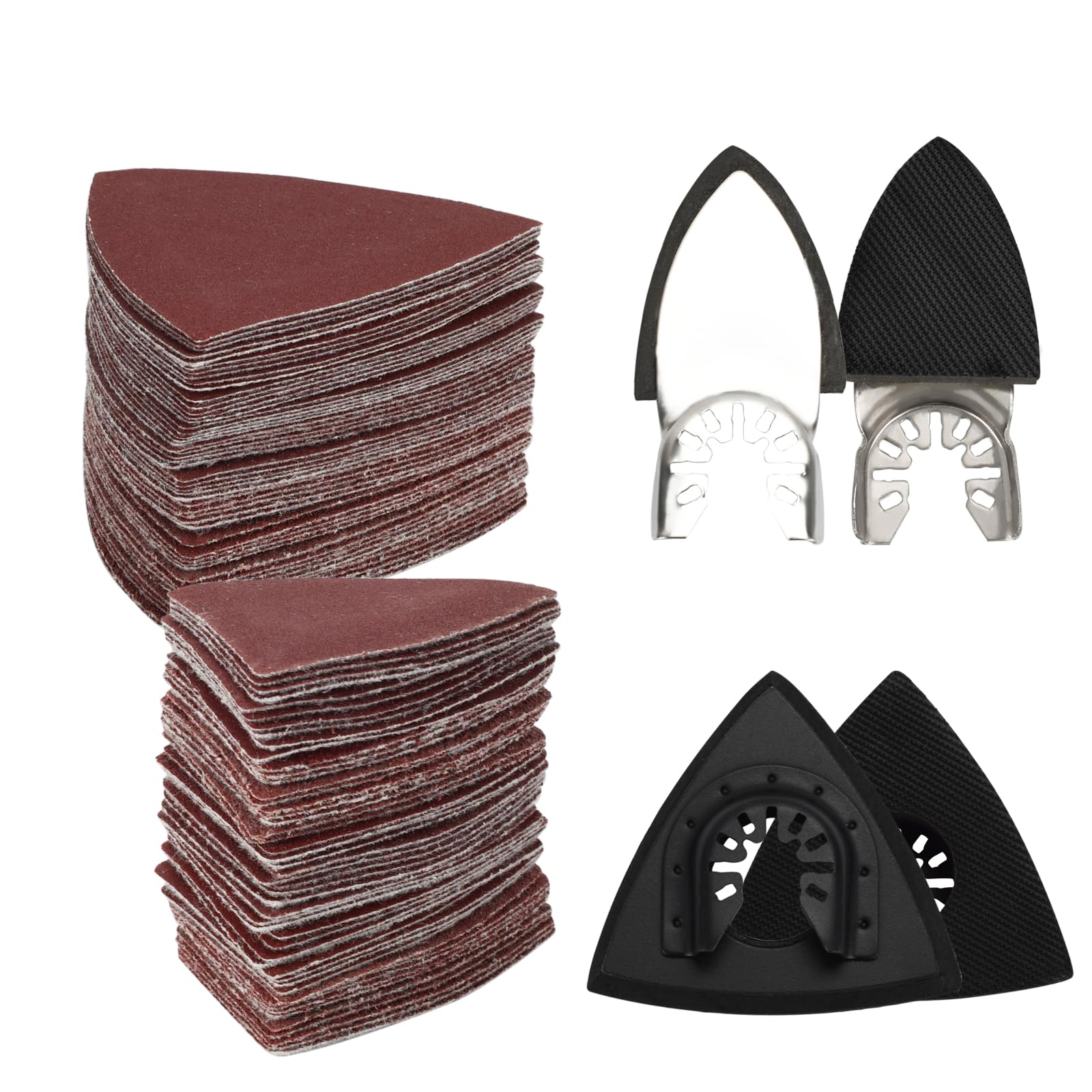 Photo 1 of 104Pcs Oscillating Multi-Tool Sanding Pads Kit, 2Pcs Triangle Sanding Pads and 2Pcs Finger Sanding Pad, 100Pcs Sandpaper for Wood Sanding Plaster