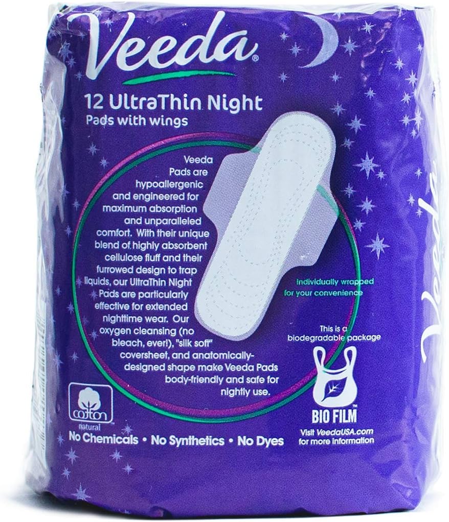 Veeda Ultra Thin Super Absorbent Night Pads Are Always Chlorine, Dye and Fragrance Free, Natural Cotton Sanitary Napkins,3 Packs of 12 Count Each: Health & Personal Care