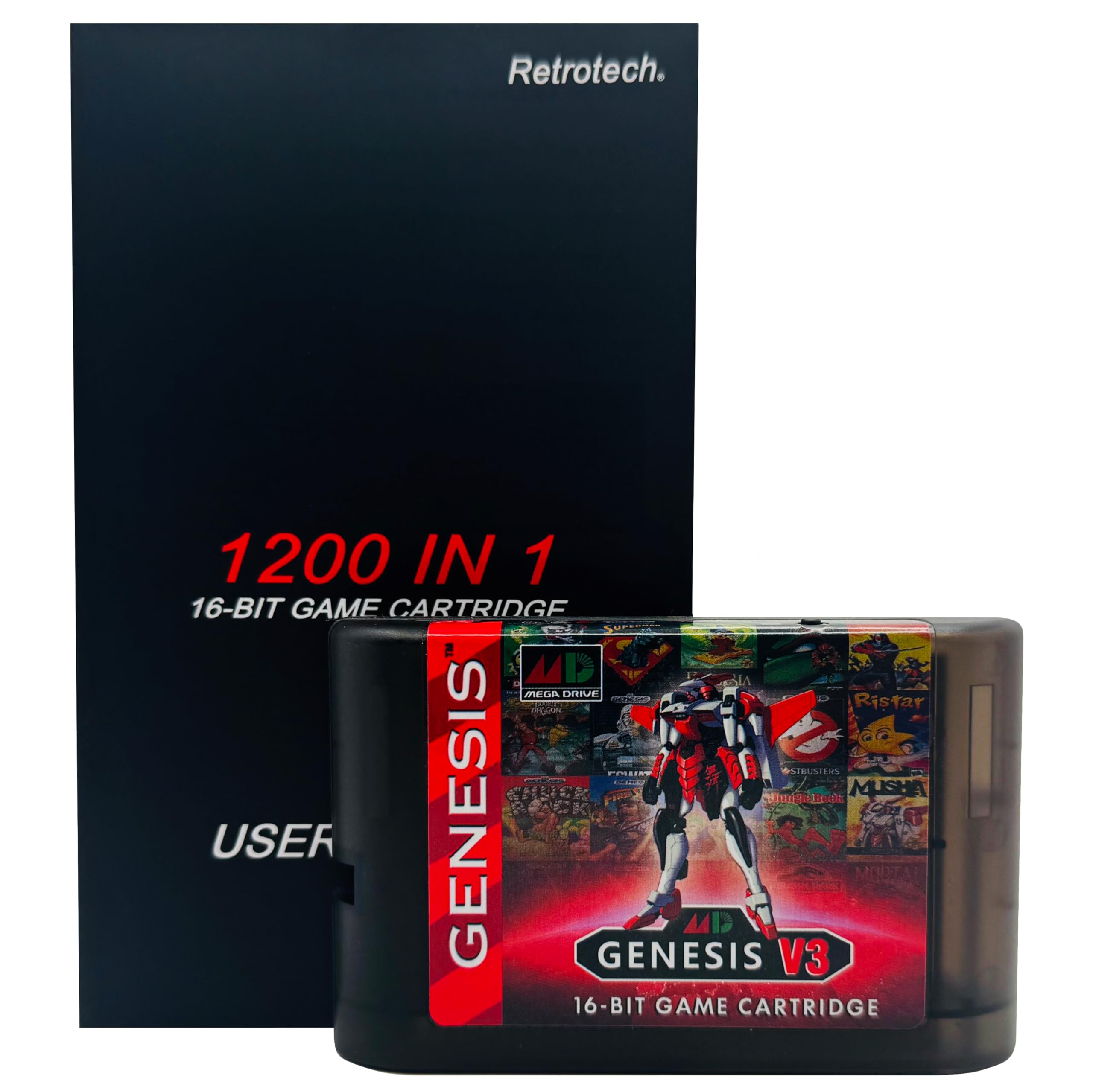 Retrotech Super 1200 In 1 V3 Pro Game Cartridge For Sega Genesis And MegaDrive Console - Clear Black, Includes Retrotech Printed Instructions