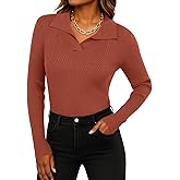 Feiersi Sweaters for Women Casual Trendy Lapel V Neck Long Sleeve Sweater Ribbed Knit Stretch Soft Pullover Shirt