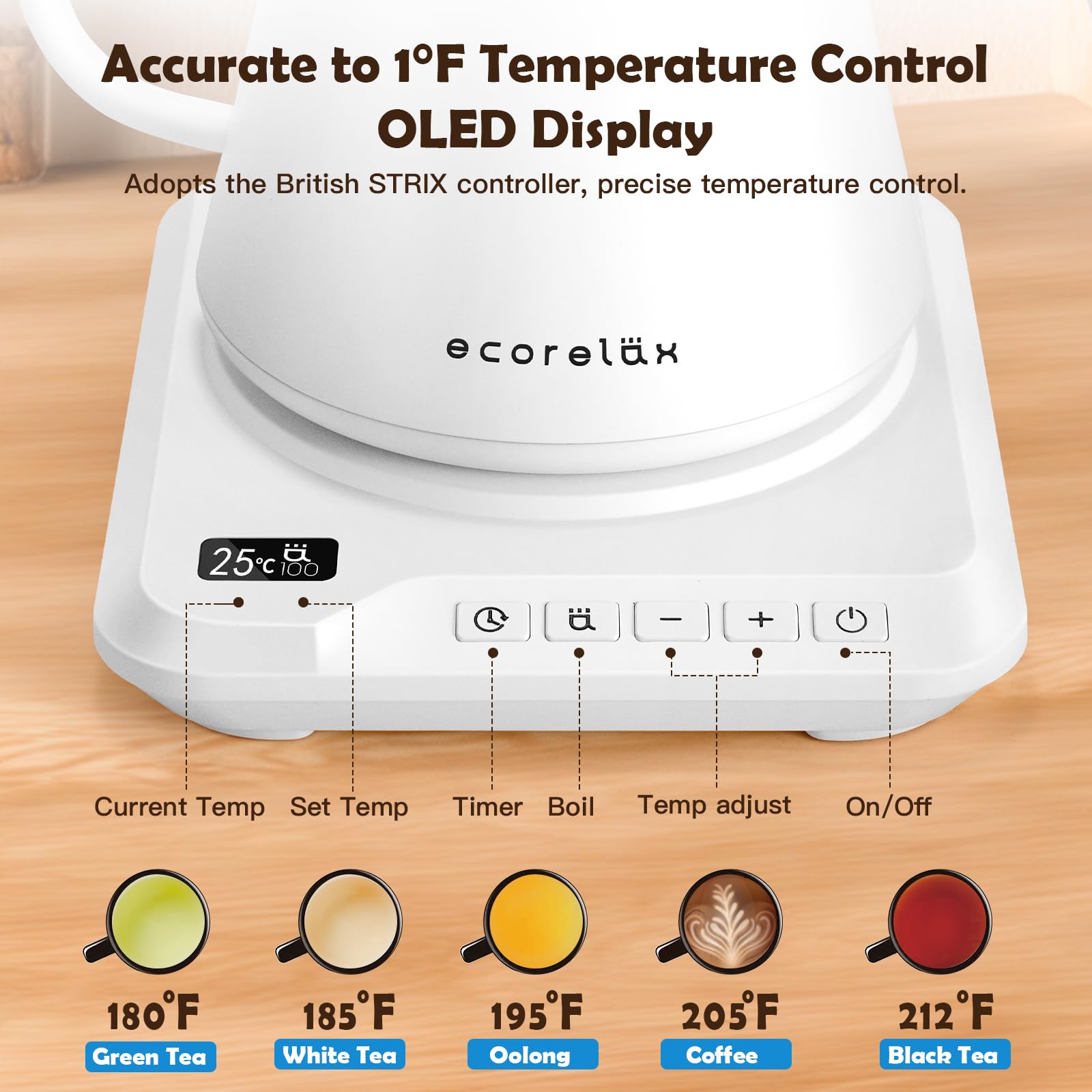 ECORELAX Hervidor eléctrico con cuello de cisne, control de temperatura ±1℉, hervidor para café, té y agua, acero inoxidable, 1200 W, pantalla OLED para mantener caliente, 1 L (blanco)