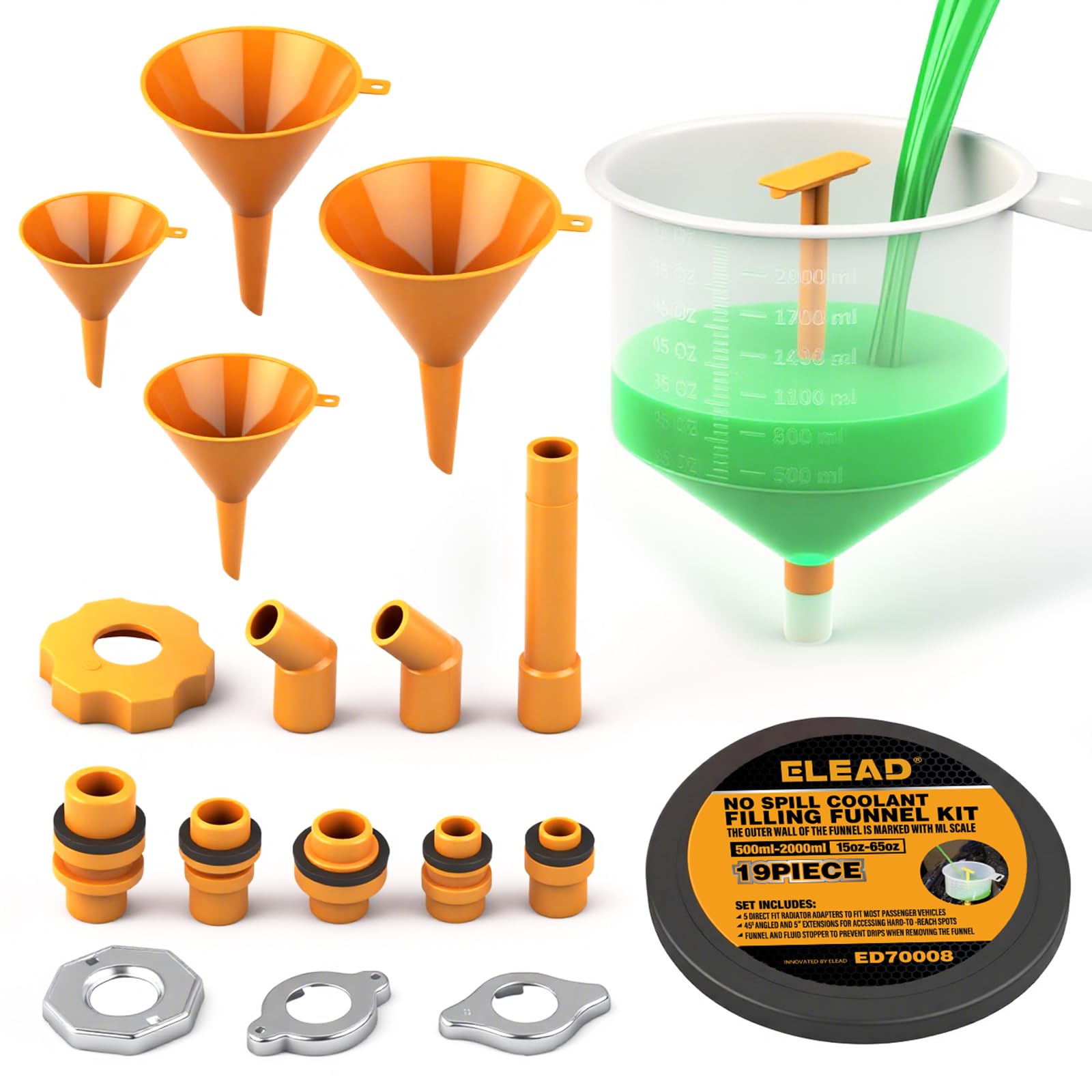 Photo 1 of ELEAD No-Spill Coolant Funnel Kit - 19-Piece Radiator Funnel burping kit, coolant Bleeder kit, Extra Funnels and Adapters for Universal Vehicle
