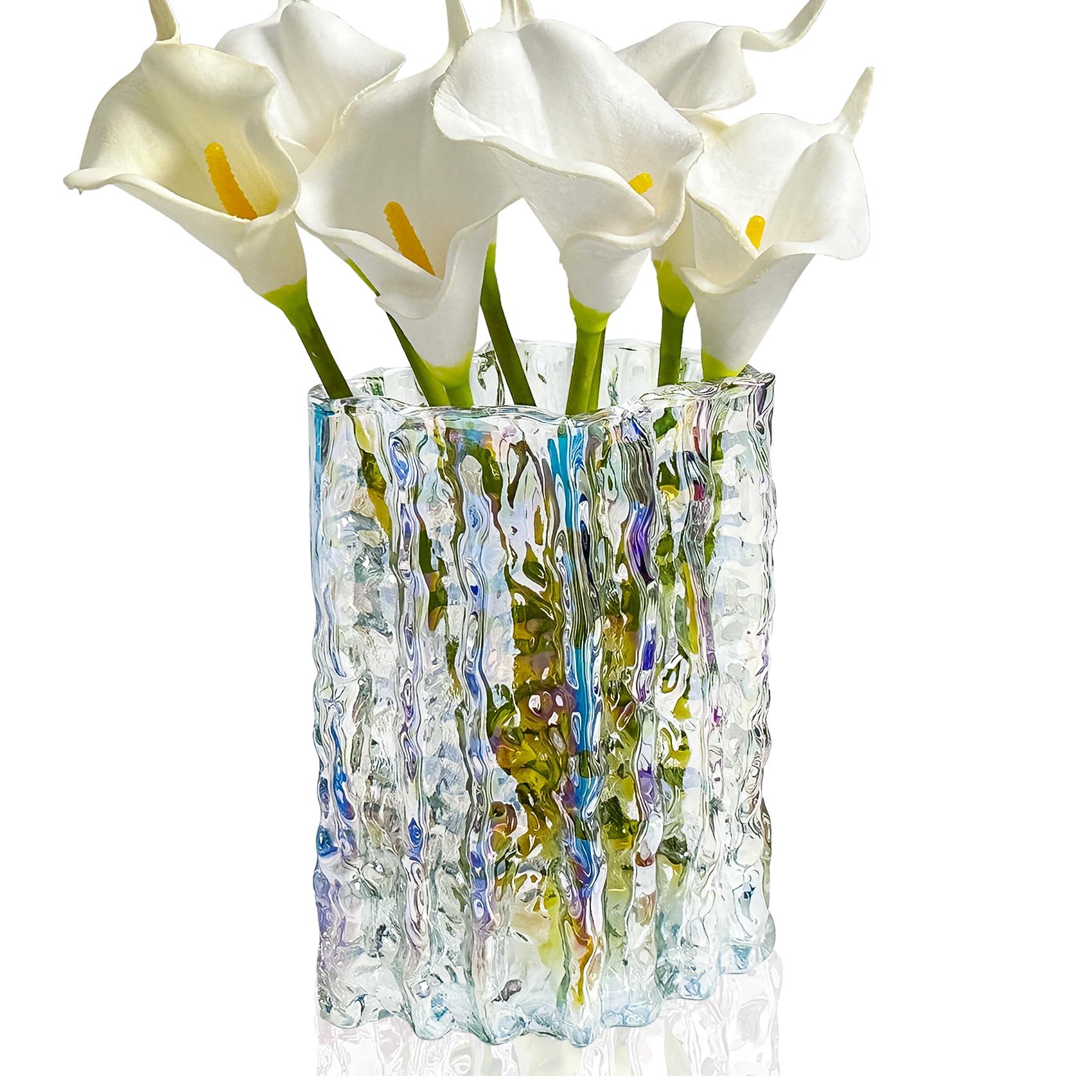Aoderun Glass Vase Crystal Vase Heavy Duty Large Flower Vase for Dining Table Kitchen Office Home Shelf Wedding Living Room Centerpieces (Iridescent Clear)