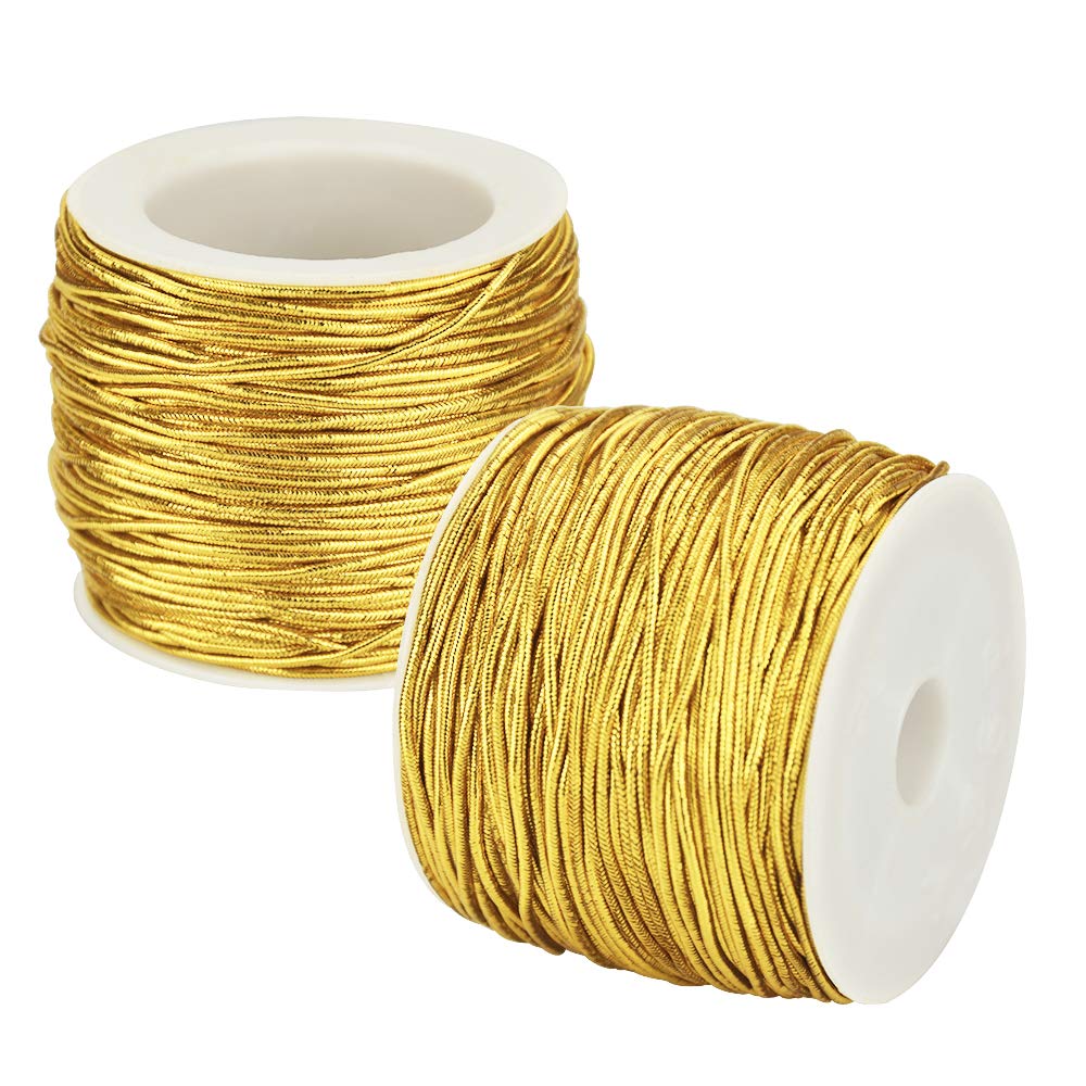 SNAGAROG 2 Rolls Metallic Elastic Cords Stretch Cord Ribbon Gold Twine String Metallic Tinsel Cord Rope Stretchy Beading Thread 25M/82Feet DIY Jewelry Craft Making Gift Wrapping, 1 mm