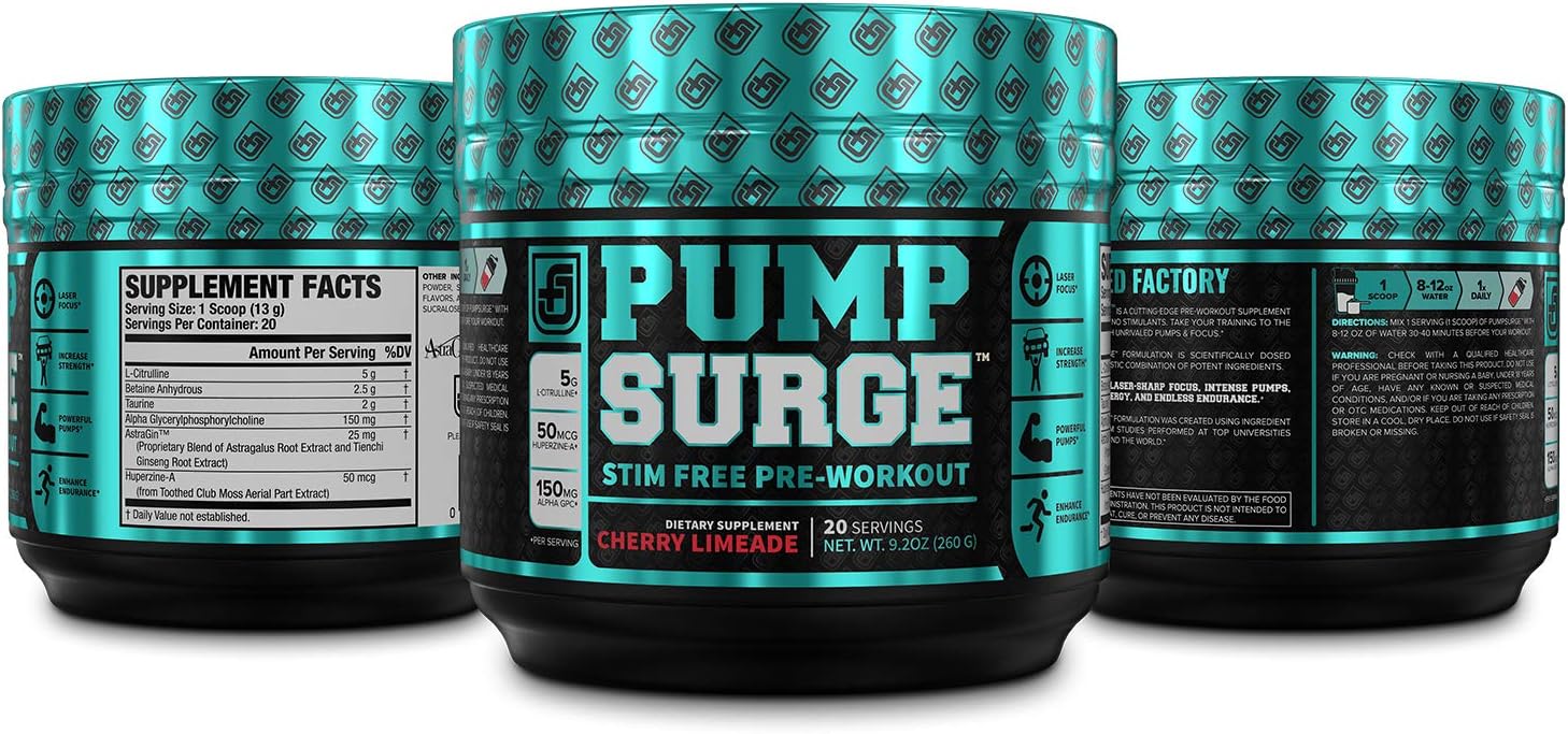 PUMPSURGE Caffeine-Free Pump & Nootropic Pre Workout Supplement, Non Stimulant Preworkout Powder & Nitric Oxide Booster,20 Servings, Cherry Limeade, 9.2 OZ: Health & Personal Care