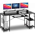 HYPIGO Workstation Desk with Keyboard Tray, 55 Inch Computer Desk with Storage Shelves Monitor Stands and 4 Iron Hooks, Industrial Desk for Home Office