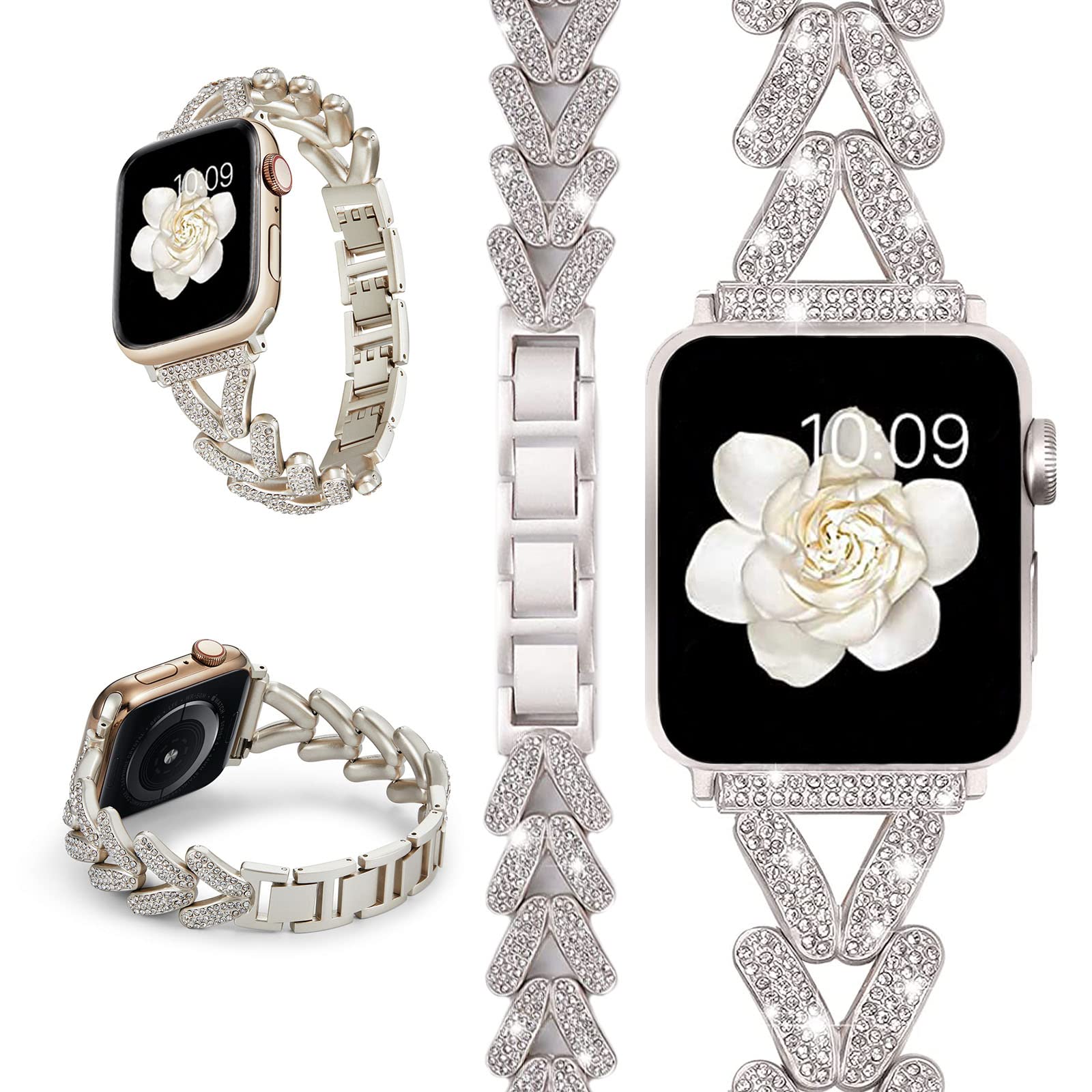 Miimall Strap for Apple Watch Ultra 2/Ultra, Series 10 9 8 7 6 5 4 3 2 1 SE, Bling Rhinestone Zinc Alloy Band Women Adjustable Replacement Strap for iWatch 49mm/46mm/45mm/44mm/42mm, Starlight