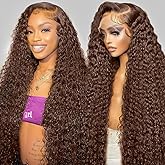 GXTKI 30Inch Chocolate Brown Human Hair Wig 200 Density 13x6 HD Deep Wave Lace Front Wigs Human Hair Colored Deep Curly Lace Frontal Wigs Glueless Wig Brown Wig Wigs for Women