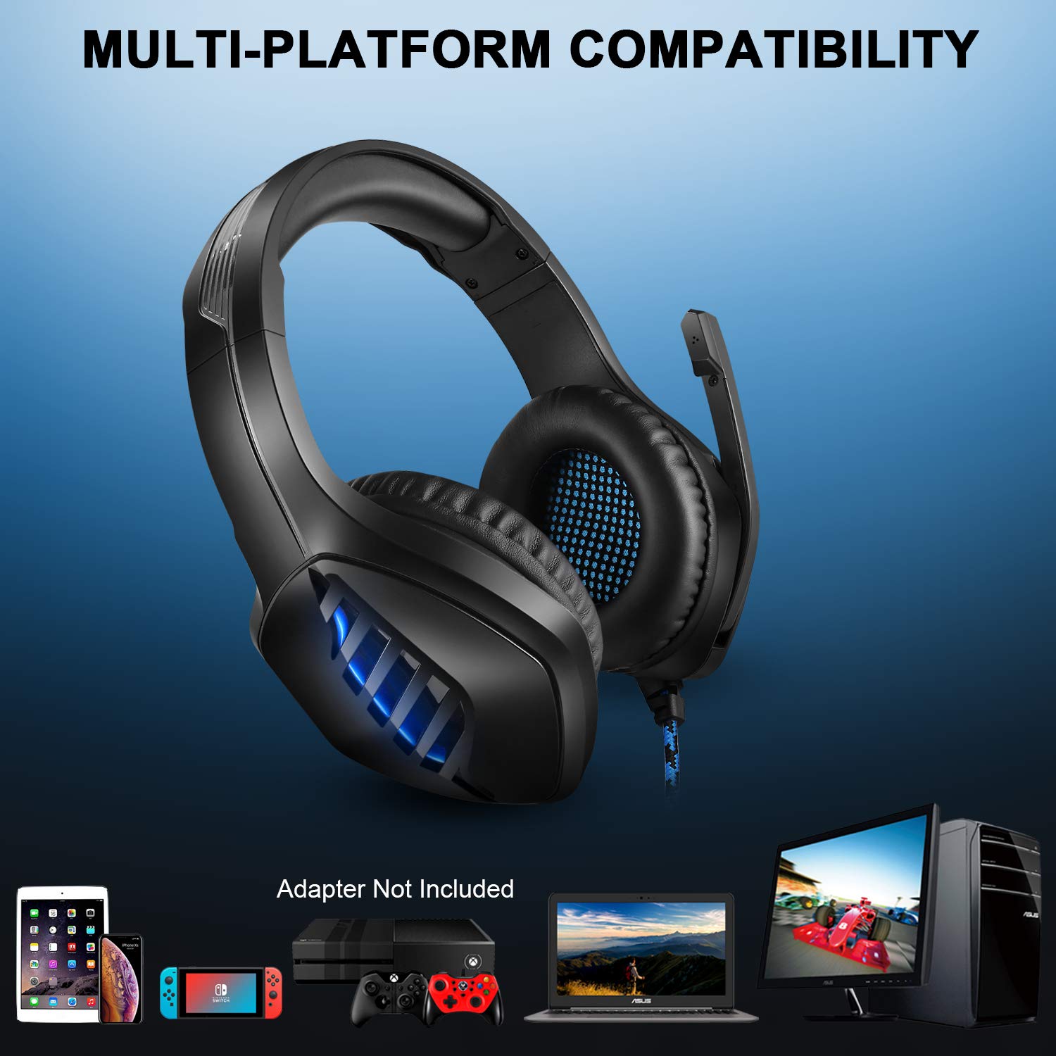 Tyuobox Gaming Headset Headphone with 2.2 M Tangle Free Cord and Microphone-Black, PS4 Headset with Noise Canceling Mic & LED Light, Compatible with PC, PS4, Xbox One Controller