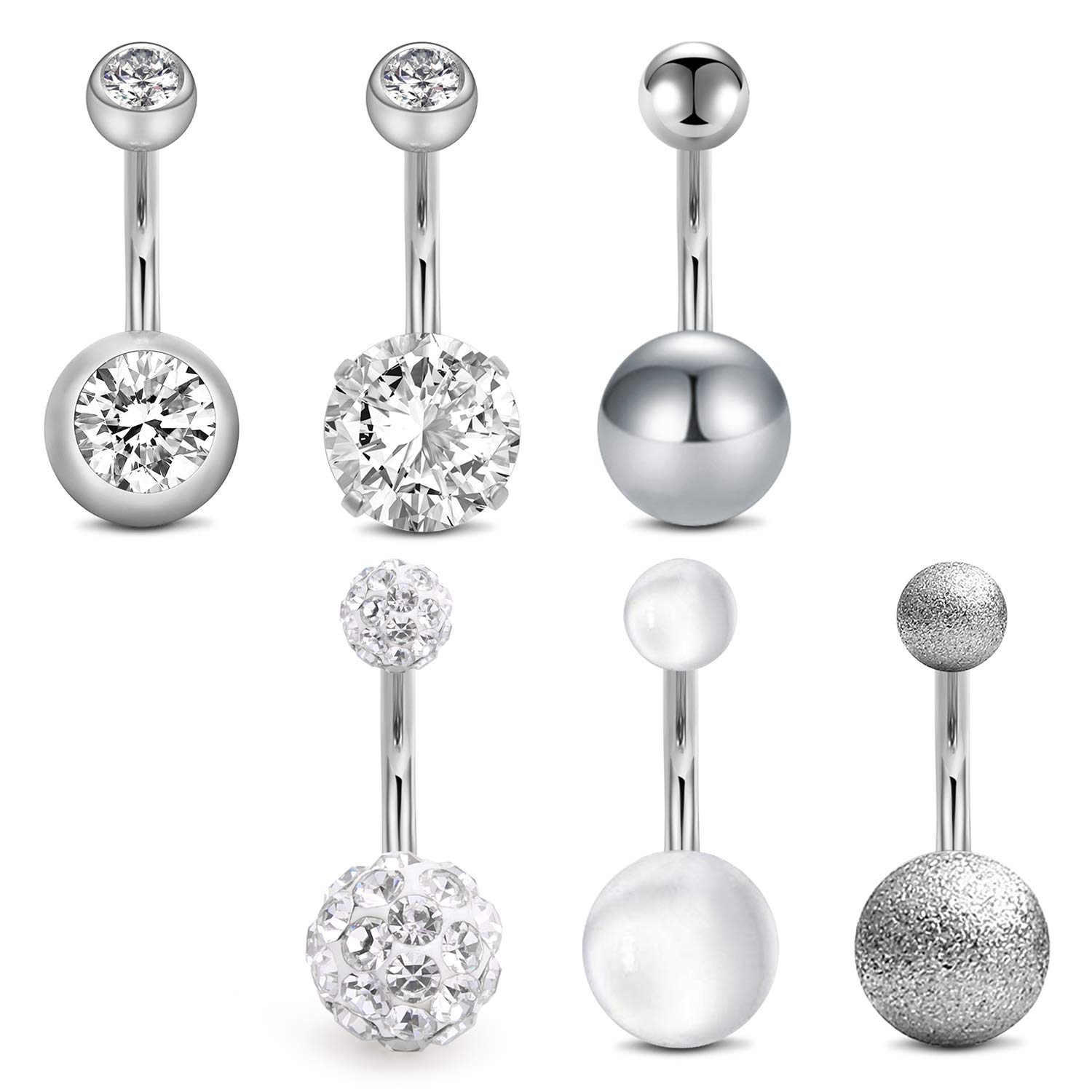 Mayhoop 6Pcs Belly Bars 14G Stainless Steel CZ Crystal Ball Navel Bar Belly Button Bar Women Belly Navel Rings Body Piercing Jewelry