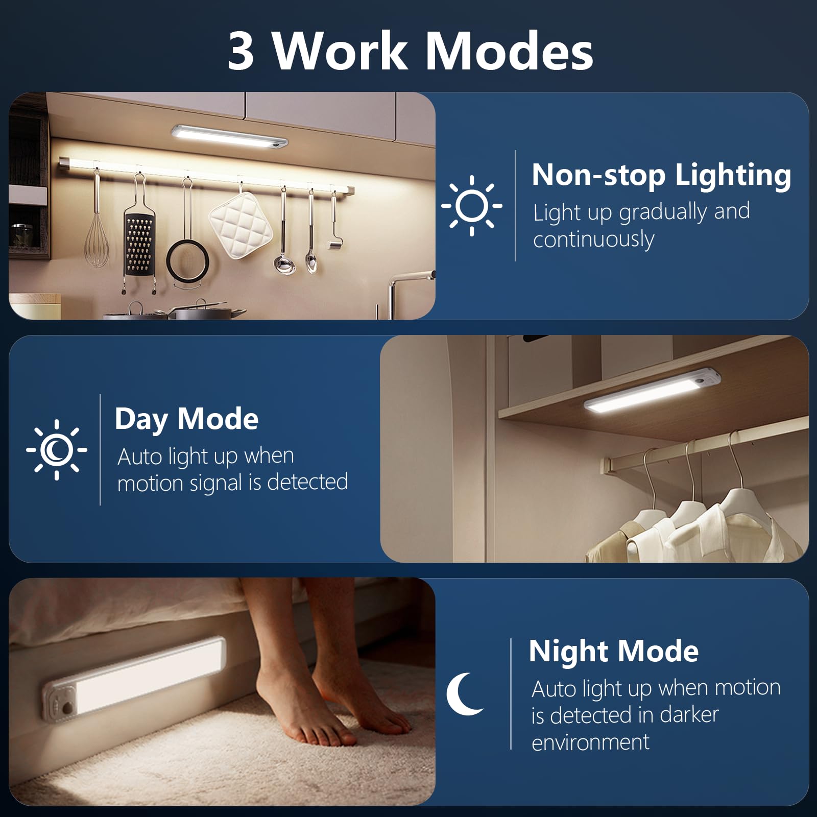 RUIKORING Under Cabinet Lighting, 3 Colors, Motion Sensor Light Indoor, LED Rechargeable Closet Lights Battery Operated, Dimmable Night, Stick-On Magnetic Cabinet Lights for Kitchen Stairs Hallway