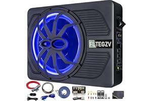 10" 800W Under Seat Car Subwoofer, Slim Powered Speaker with Blue LED Light, Car/Truck Audio Sub Built-in Amplifier, Amp Comb