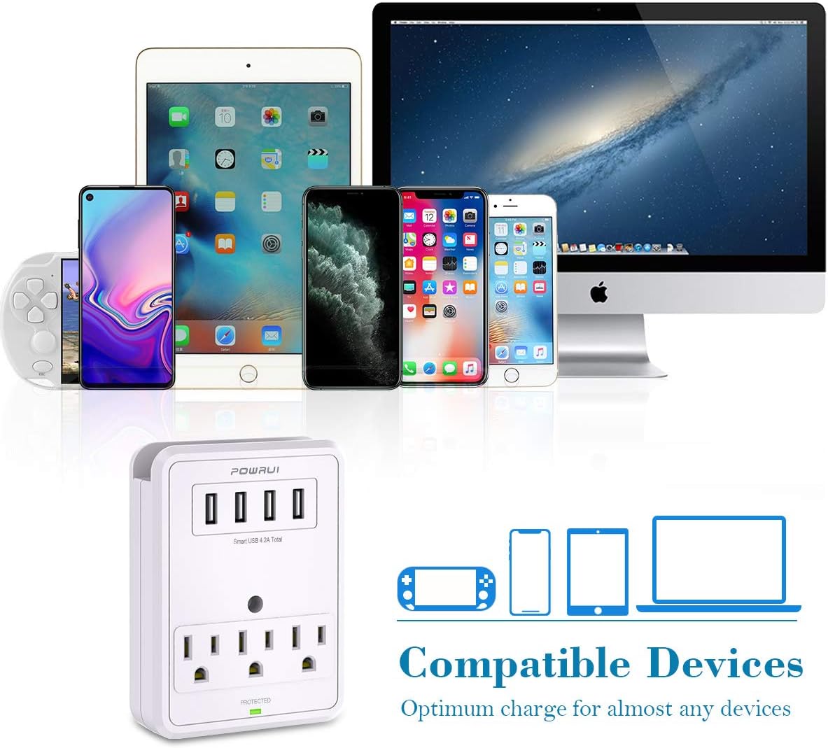 POWRUI Multi Wall Outlet Adapter Surge Protector 1680 Joules with 4-USB Ports Wall Charger, Wall Mount Charging Center 3 Outlet Wall Mount Adapter for Home, School, Office, ETL Certified: Home Audio & Theater