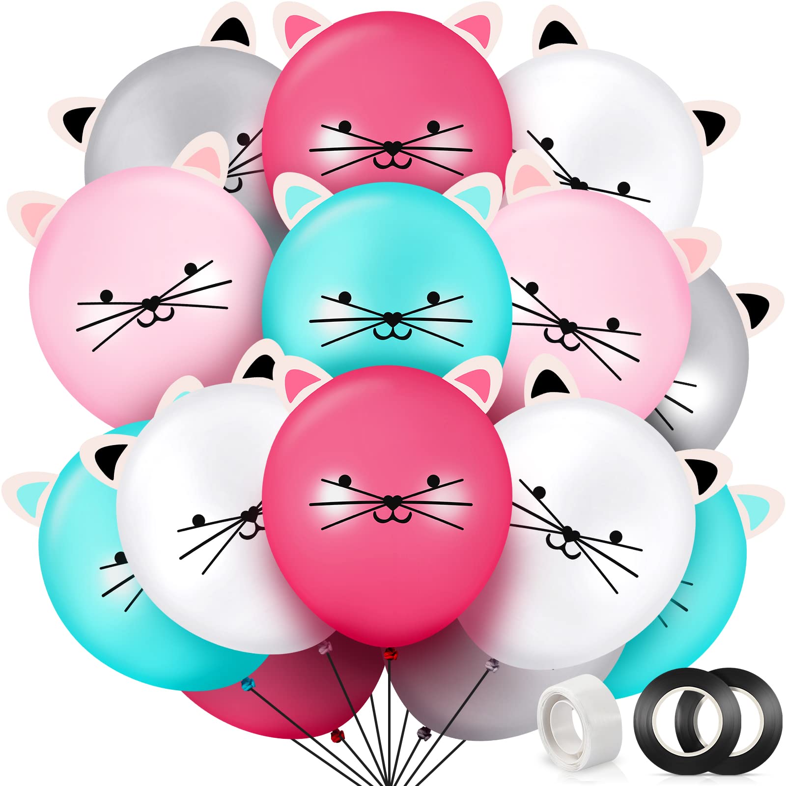 Photo 1 of 50 Pieces 12 Inch Cat Balloons Party Latex Kitty DIY Animal for Birthday Party with Ears Cat Kids Balloons for Girls Supplies, 5 Colors