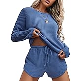 Ekouaer Womens Waffle Knit Pajama Sets Long Sleeve Top and Shorts Matching Lounge Set Loungewear Sweatsuit with Pockets