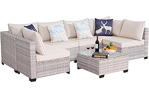 PAIQIAN 7 Piece Sectional Sofa Set Outdoor, Rattan Patio Furniture Set, Outdoor Sectional Furniture, Rattan Chairs Glass Table Wicker Conversation Seating Sectional Sofa with Cushions (Gray Beige)